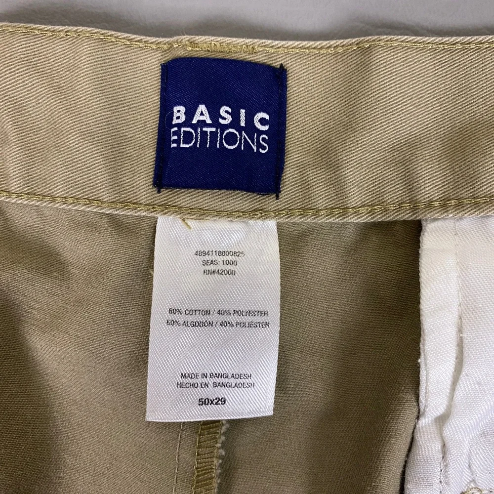 Basic Editions Pants Men's Size 50x29 Tan Khaki Pleated Chino Relaxed Fit Cotton